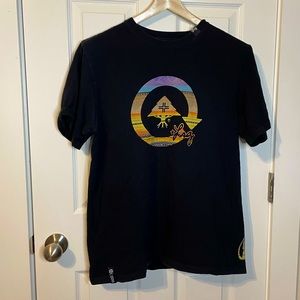 LRG Lifted Research Group graphic black tee w/ multicolored tree and arrow sz L